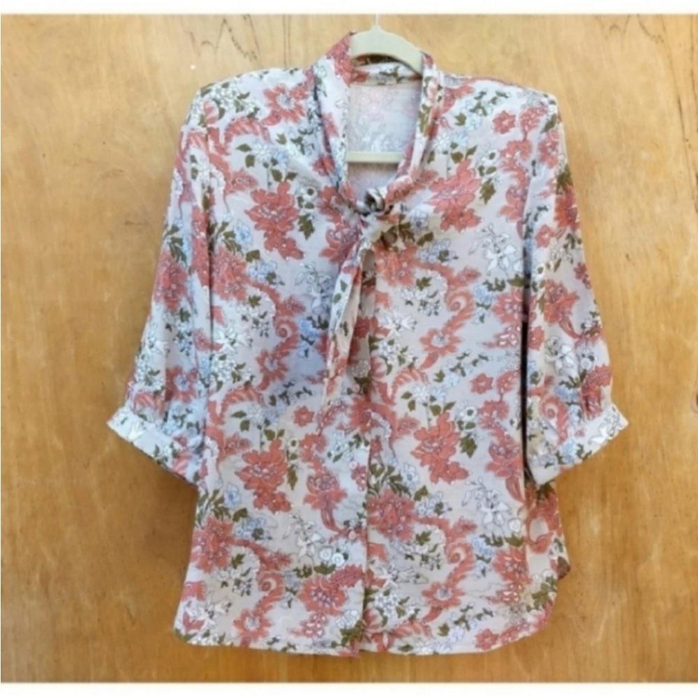 Vintage floral pink button down neck tie blouse xl Mandarin Collar